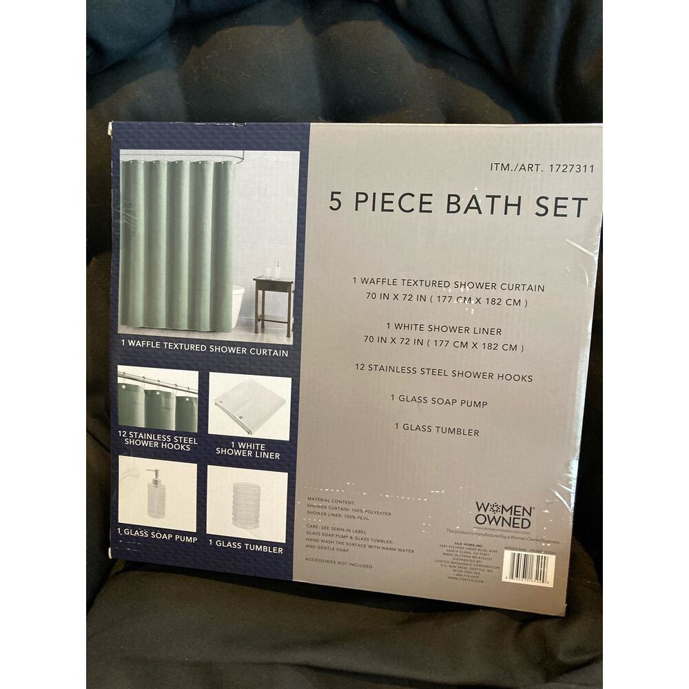 Nueva spa 5 pieces bath set,curtain, liner hook, soap, pump, tumbler New